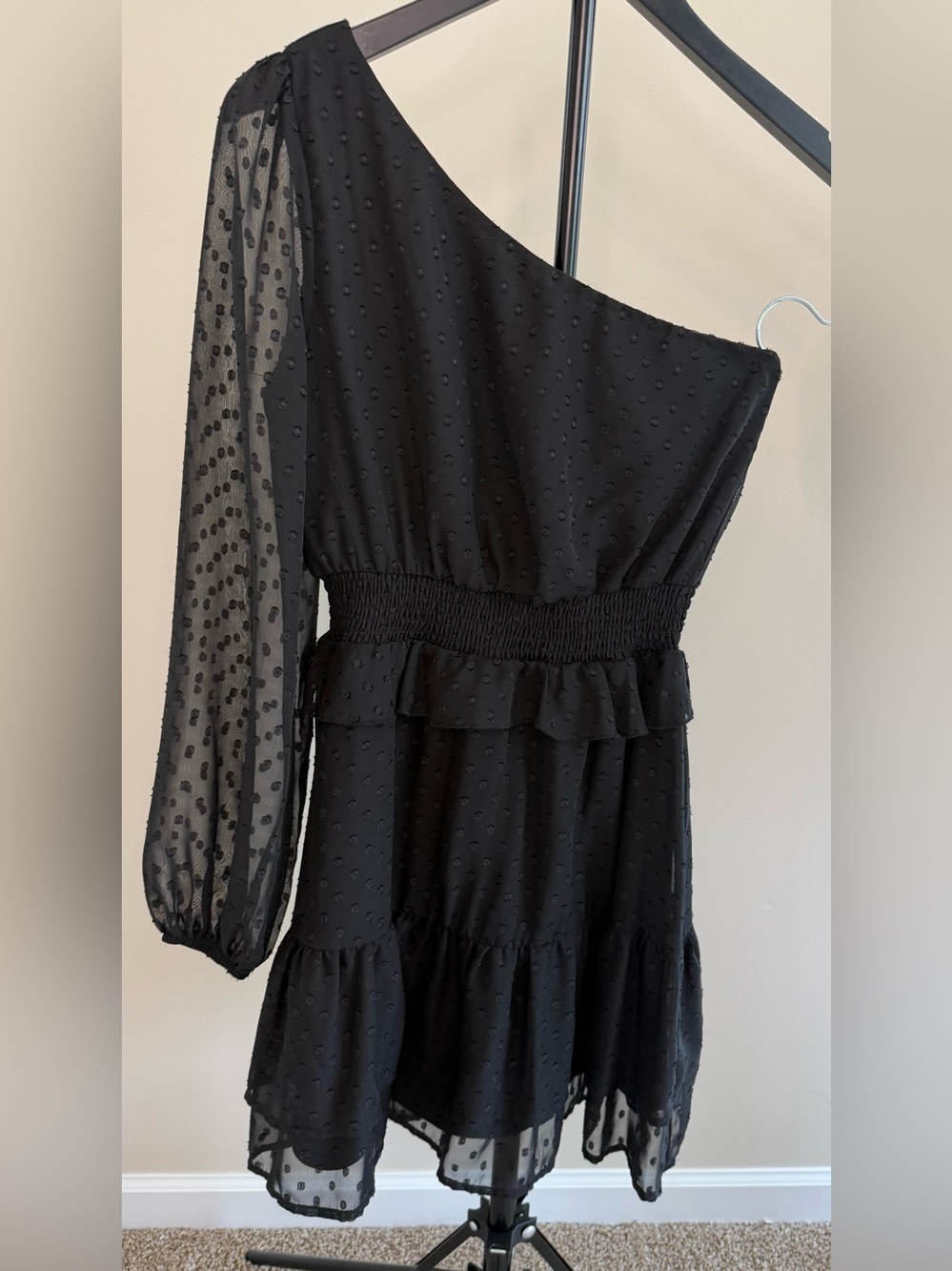Altar'd State Black Swiss Dot One Shoulder Ruffle Dress Size XS